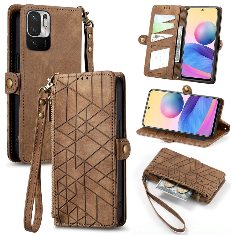 Brown geometric zipper wallet phone case with wrist strap, card slots, and buckle closure