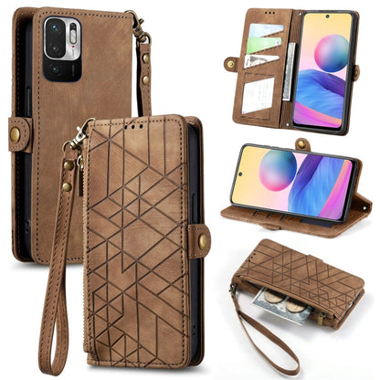 Brown geometric zipper wallet phone case with wrist strap, card slots, and buckle closure