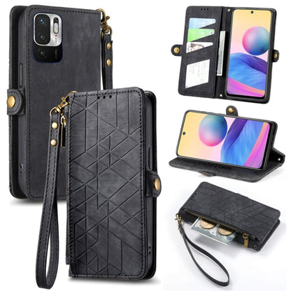 Black geometric zipper wallet phone case with wrist strap and open card compartments