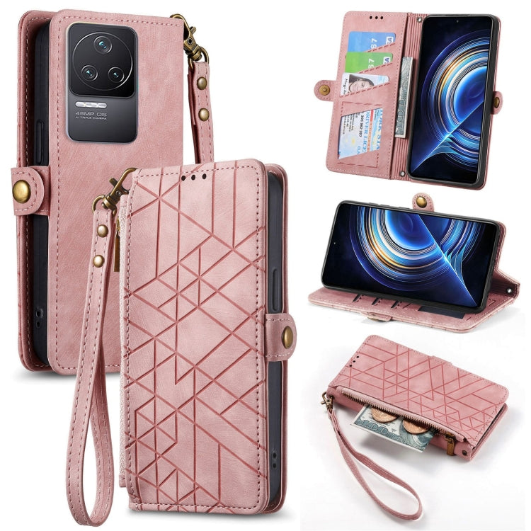 Light pink geometric zipper wallet phone case with card slots and wrist strap
