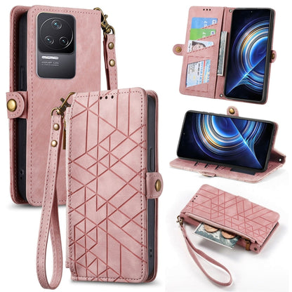 Light pink geometric zipper wallet phone case with card slots and wrist strap