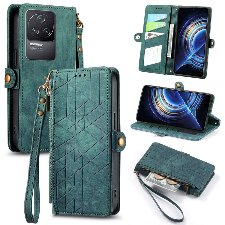 Geometric leather phone wallet case with zipper, side buckle, teal; wrist strap included