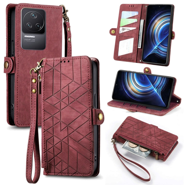 Geometric leather phone wallet case with zipper, side buckle, burgundy; wrist strap included
