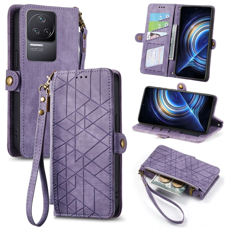 Geometric leather phone wallet case with zipper, side buckle, purple; wrist strap included