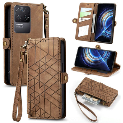 Geometric leather phone wallet case with zipper, side buckle, brown; wrist strap included