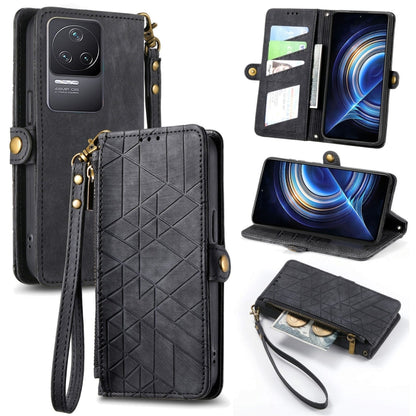 Geometric leather phone wallet case with zipper, side buckle, black; wrist strap included