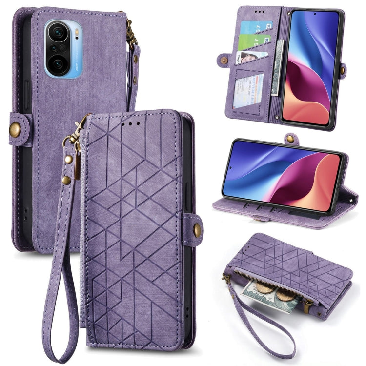 Purple leather phone case wallet with geometric pattern, zipper, and wrist strap