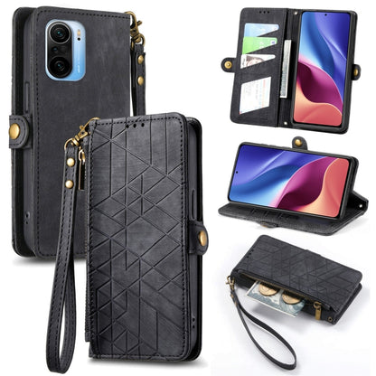 Black leather phone case wallet with geometric pattern, zipper, and wrist strap
