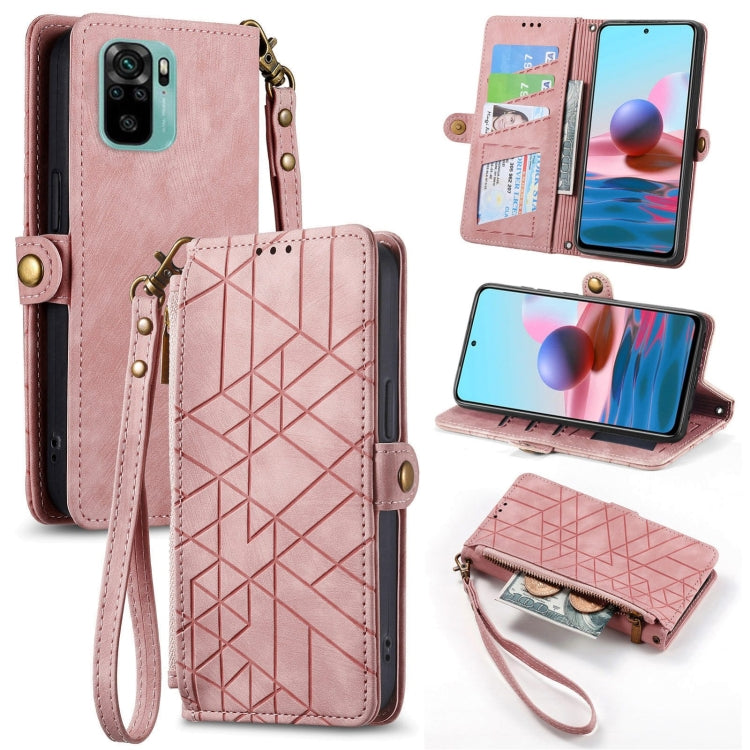 Pink leather wallet phone case with geometric zipper front, card slots, and wrist strap.