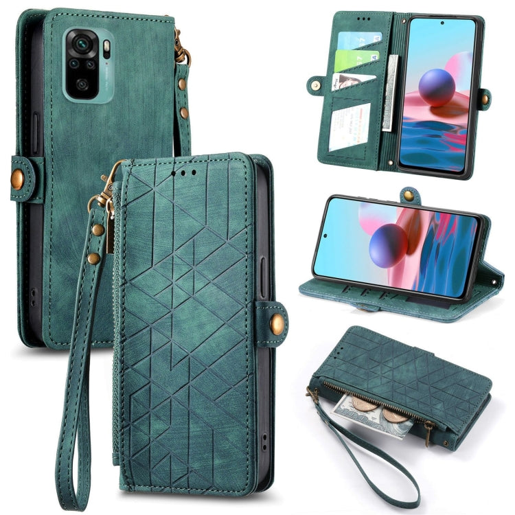 Green leather wallet phone case with geometric zipper front, card slots, and wrist strap.