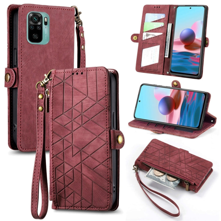 Red leather wallet phone case with geometric zipper front, card slots, and wrist strap.