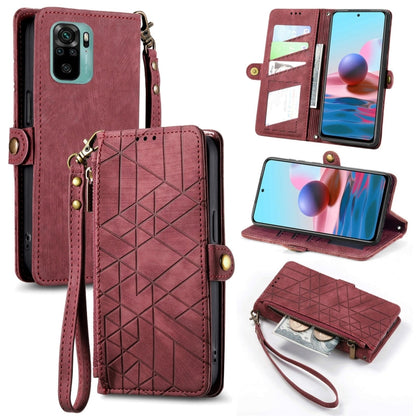 Red leather wallet phone case with geometric zipper front, card slots, and wrist strap.
