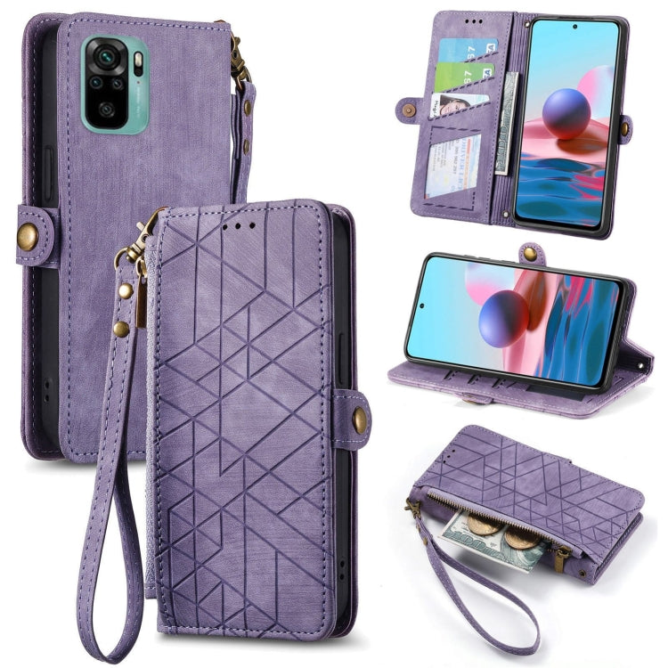 Purple leather wallet phone case with geometric zipper front, card slots, and wrist strap.