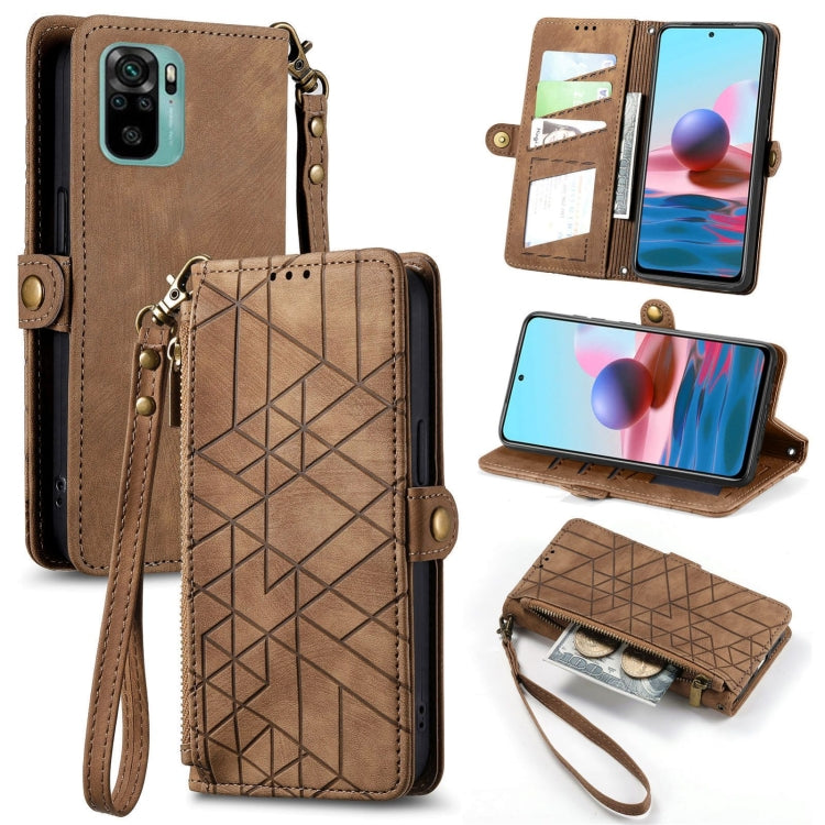 Brown leather wallet phone case with geometric zipper front, card slots, and wrist strap.