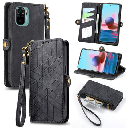 Black leather wallet phone case with geometric zipper front, card slots, and wrist strap.