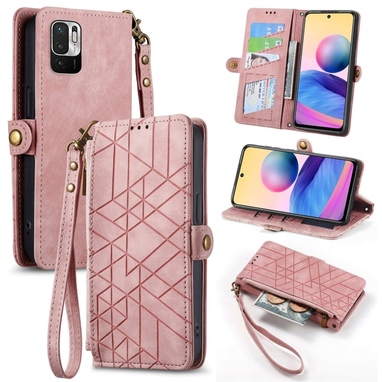 Pink geometric zipper wallet phone case with wrist strap and open card compartments