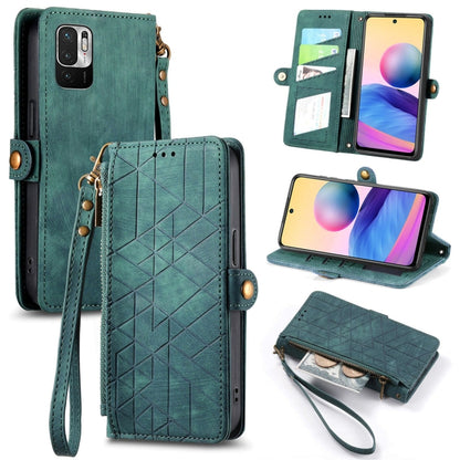 Green geometric zipper wallet phone case with wrist strap and open card compartments