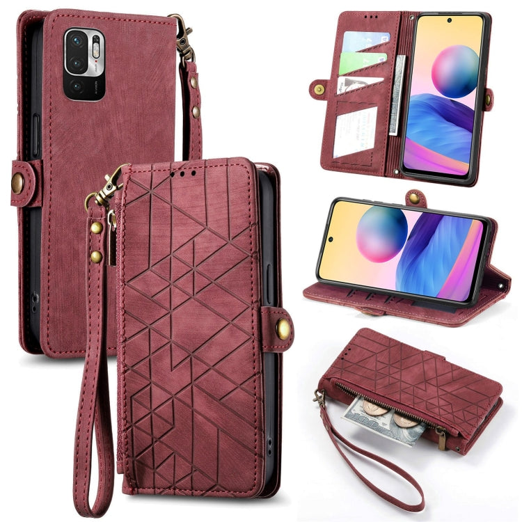 Burgundy geometric zipper wallet phone case with wrist strap and open card compartments
