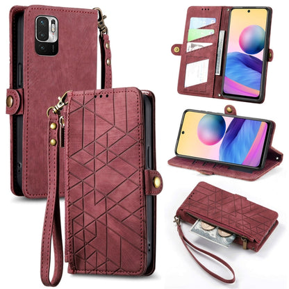 Burgundy geometric zipper wallet phone case with wrist strap and open card compartments