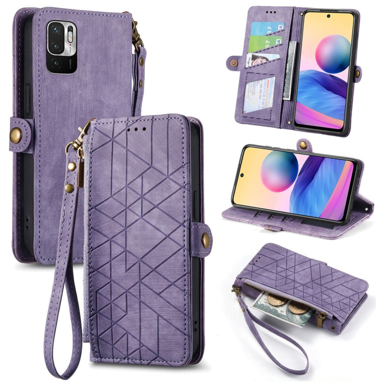 Geometric zipper wallet phone case with side buckle, leather, purple
