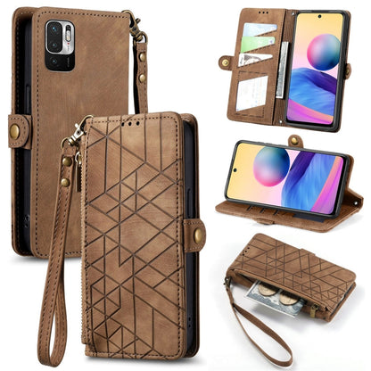 Geometric zipper wallet phone case with side buckle, leather, brown