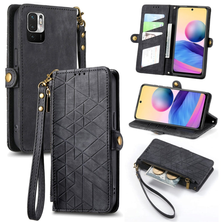 Geometric zipper wallet phone case with side buckle, leather, black