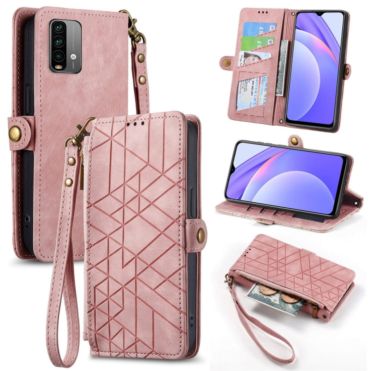 Pink leather phone case wallet with geometric pattern, zipper, and wrist strap