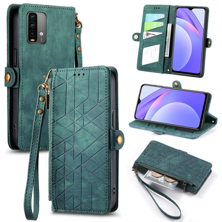 Teal leather wallet phone case with geometric design, zipper closure, and hand strap