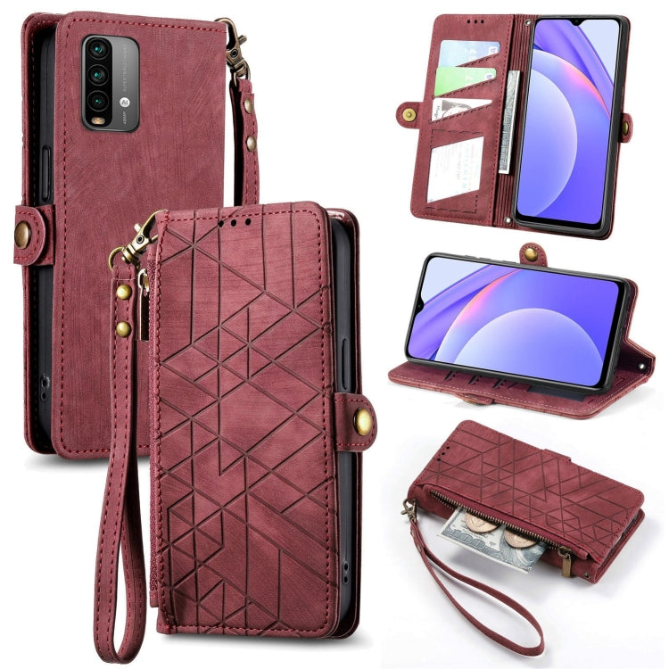 Burgundy leather wallet phone case with geometric design, zipper closure, and hand strap