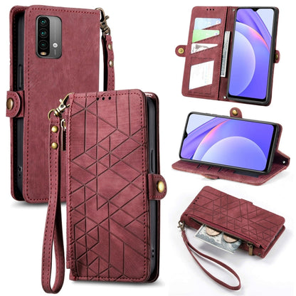 Burgundy leather wallet phone case with geometric design, zipper closure, and hand strap