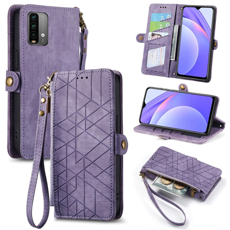 Purple leather wallet phone case with geometric design, zipper closure, and hand strap