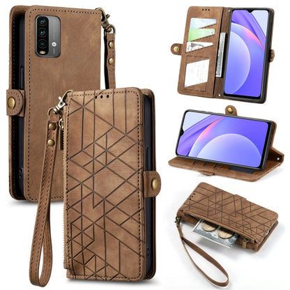 Brown leather wallet phone case with geometric design, zipper closure, and hand strap