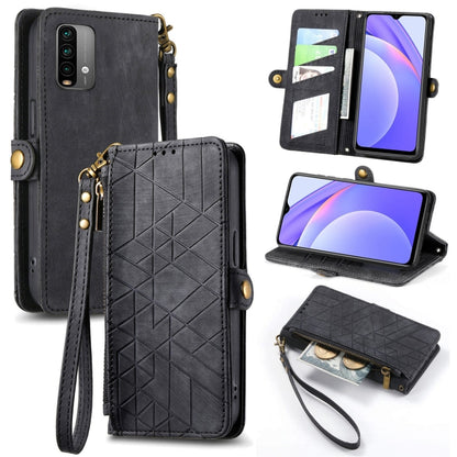 Geometric zipper wallet phone case, black leather, side buckle, wrist strap, card slots