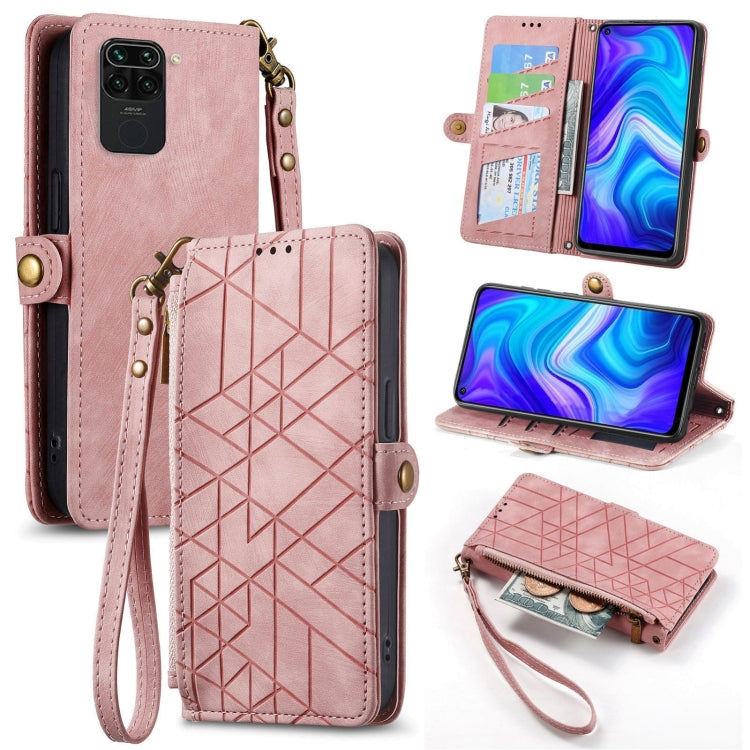 Blush pink geometric zipper wallet phone case with side buckle, card slots, and wrist strap.