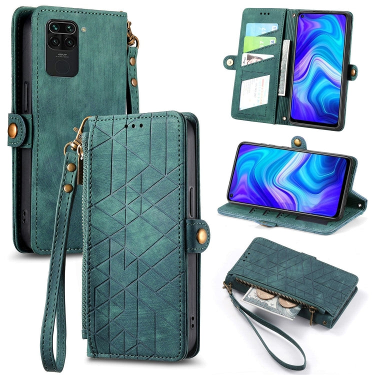 Geometric zipper wallet phone case with side buckle, green leather-style with wrist strap
