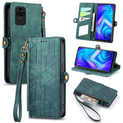 Geometric zipper wallet phone case with side buckle, green leather-style with wrist strap
