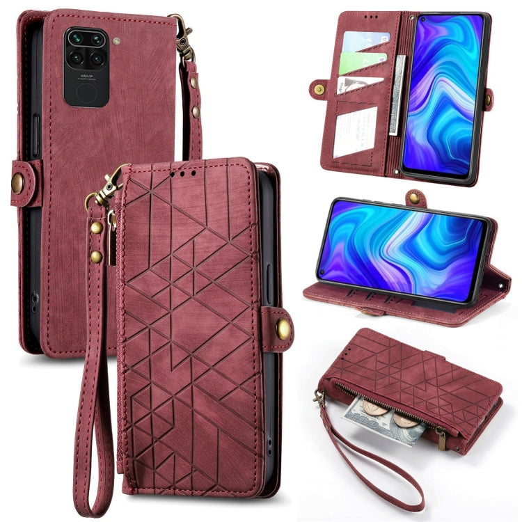 Geometric zipper wallet phone case with side buckle, maroon leather-style with wrist strap