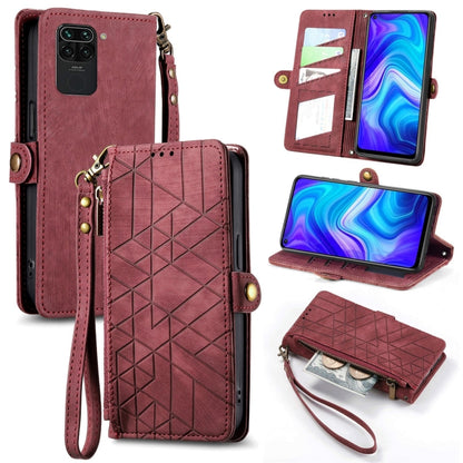 Geometric zipper wallet phone case with side buckle, maroon leather-style with wrist strap