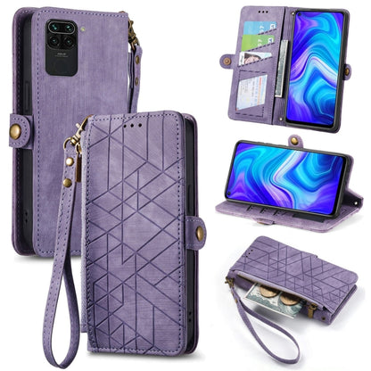 Geometric zipper wallet phone case with side buckle, purple leather-style with wrist strap