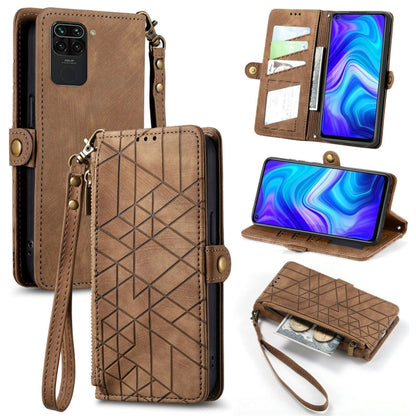 Geometric zipper wallet phone case with side buckle, brown leather-style with wrist strap