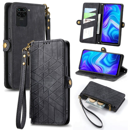 Geometric zipper wallet phone case with side buckle, black leather-style with wrist strap