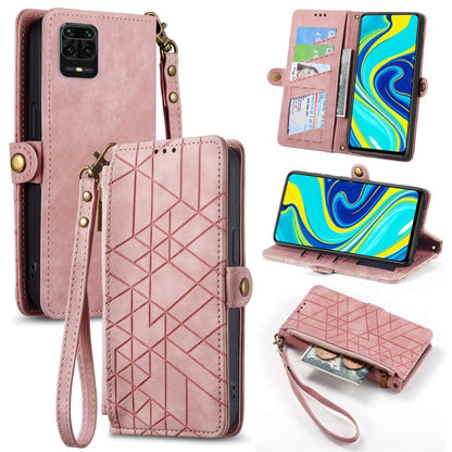 Geometric zipper wallet phone case with side buckle and wrist strap, pink leather-look