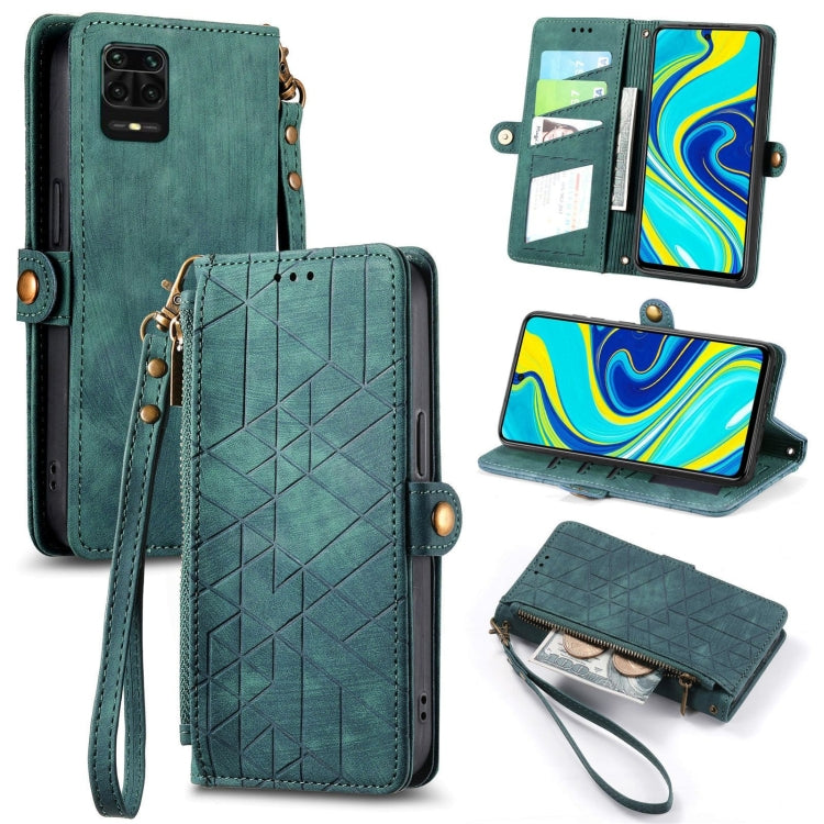 Geometric zipper wallet phone case with side buckle and wrist strap, teal green leather-look