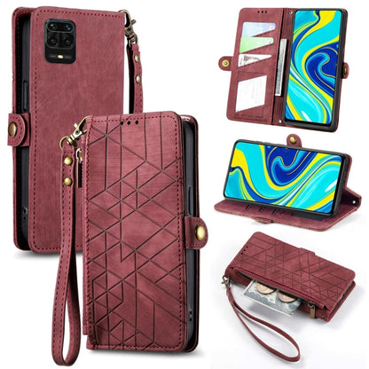 Geometric zipper wallet phone case with side buckle and wrist strap, burgundy leather-look