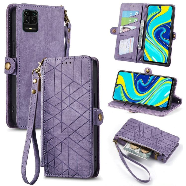 Geometric zipper wallet phone case with side buckle and wrist strap, purple leather-look