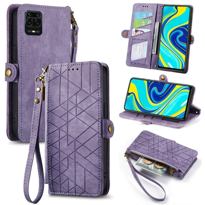 Geometric zipper wallet phone case with side buckle and wrist strap, purple leather-look