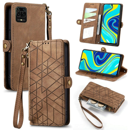 Geometric zipper wallet phone case with side buckle and wrist strap, brown leather-look