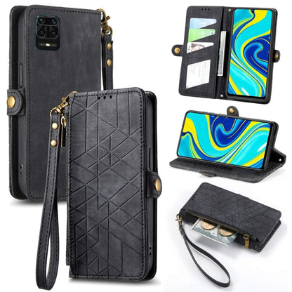 Geometric zipper wallet phone case with side buckle and wrist strap, dark charcoal leather-look
