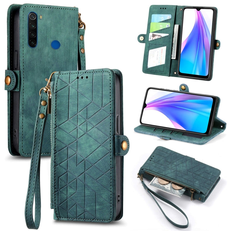 Green geometric zipper leather phone case with wrist strap and card slots, side buckle closure