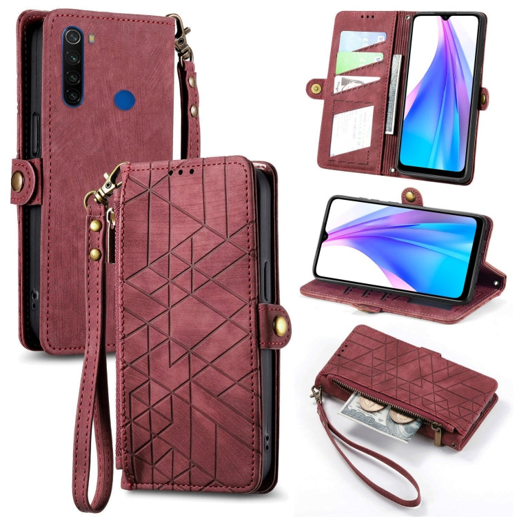 Red geometric zipper leather phone case with wrist strap and card slots, side buckle closure